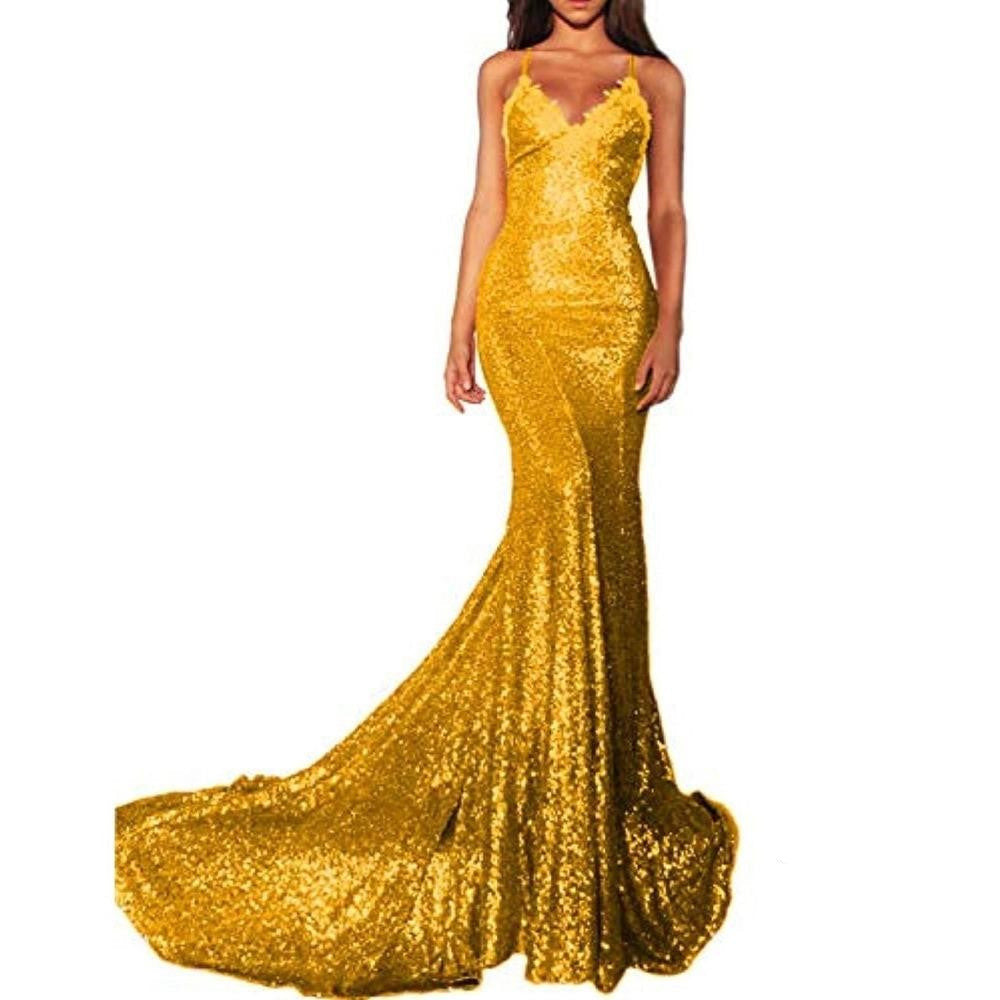 Stunning gold mermaid sequin prom dress with a fitted bodice and flowing train for elegant evenings
