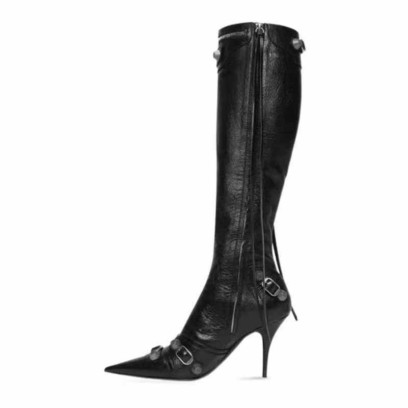 Sd-hk metal embellished fashion boots in black with high heel and stylish zip closure