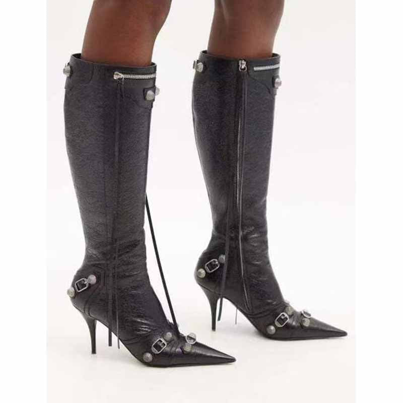 Stylish sd-hk metal embellished fashion boots with pointed toes and high heels