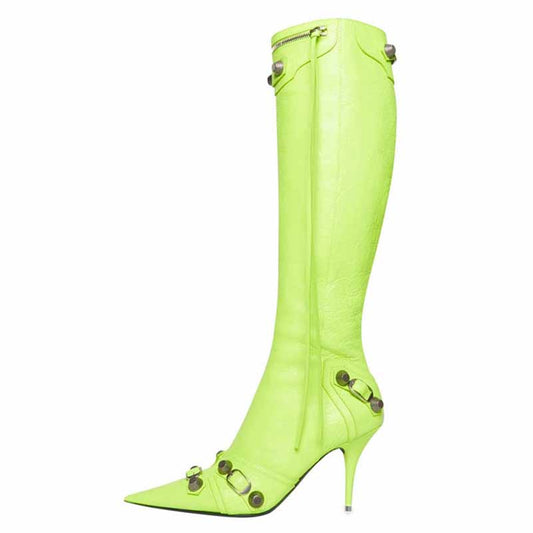 Neon green metal embellished fashion boots with pointed toes and stiletto heels for a trendy look