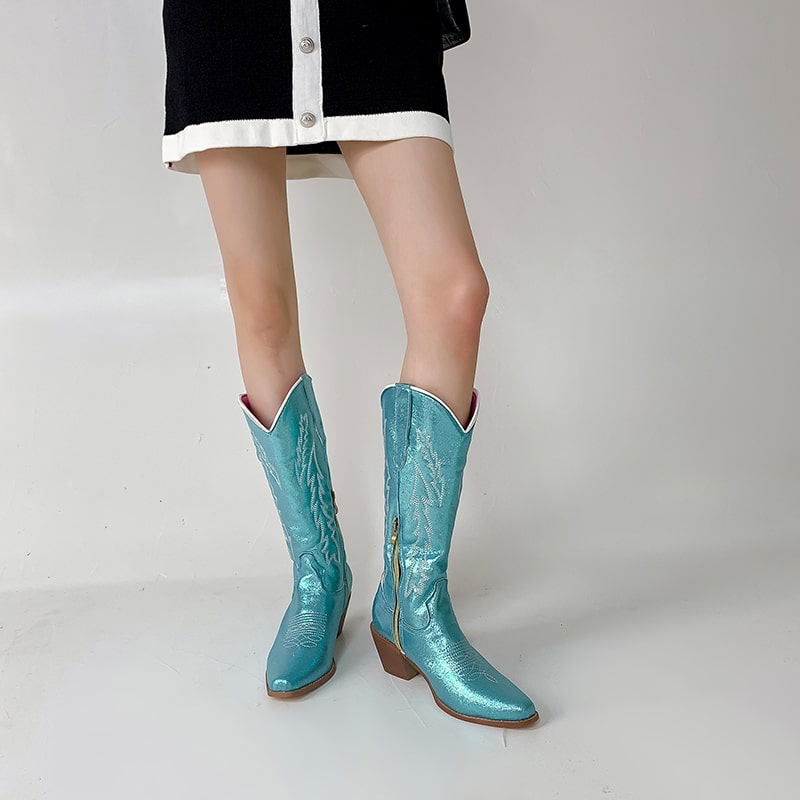 Eye-catching metallic cowgirl boots for women in turquoise with stylish stitching and zipper