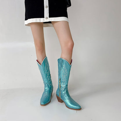 Eye-catching metallic cowgirl boots for women in turquoise with stylish stitching and zipper