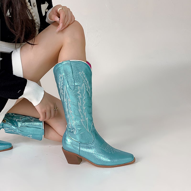 Blue metallic cowgirl boots for women with stylish design and comfortable heel for a trendy look
