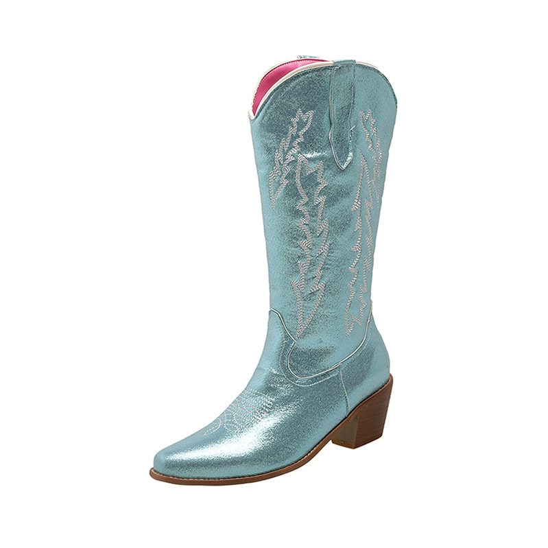 Shiny blue metallic cowgirl boots for women with decorative stitching and a stylish heel