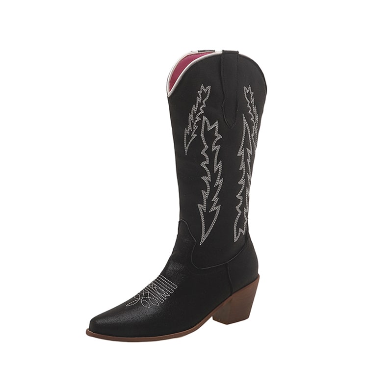 Stylish black metallic cowgirl boots for women with intricate embroidery and a pointed toe