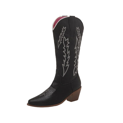 Stylish black metallic cowgirl boots for women with intricate embroidery and a pointed toe