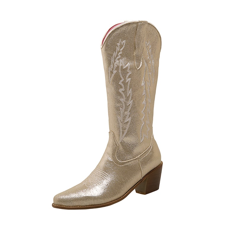 Stylish metallic cowgirl boots for women with decorative stitching and a comfortable heel