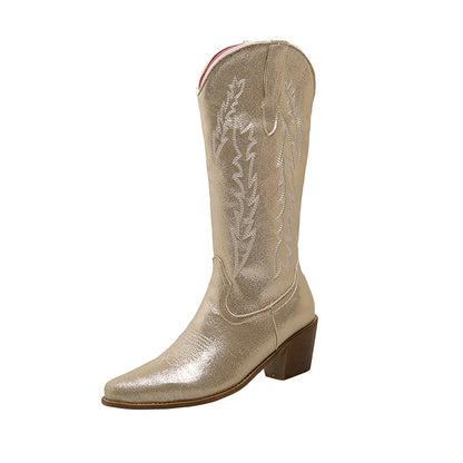 Stylish metallic cowgirl boots for women with decorative stitching and a comfortable heel