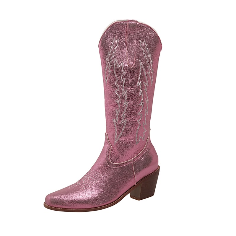 Shiny pink metallic cowgirl boots for women with decorative stitching and a stylish heel