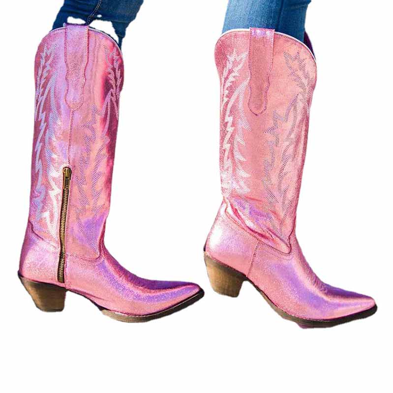 Stylish metallic cowgirl boots for women with zipper detail and vibrant pink finish