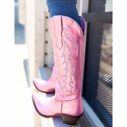 Pink metallic cowgirl boots for women with intricate stitching and comfortable heel for a stylish look