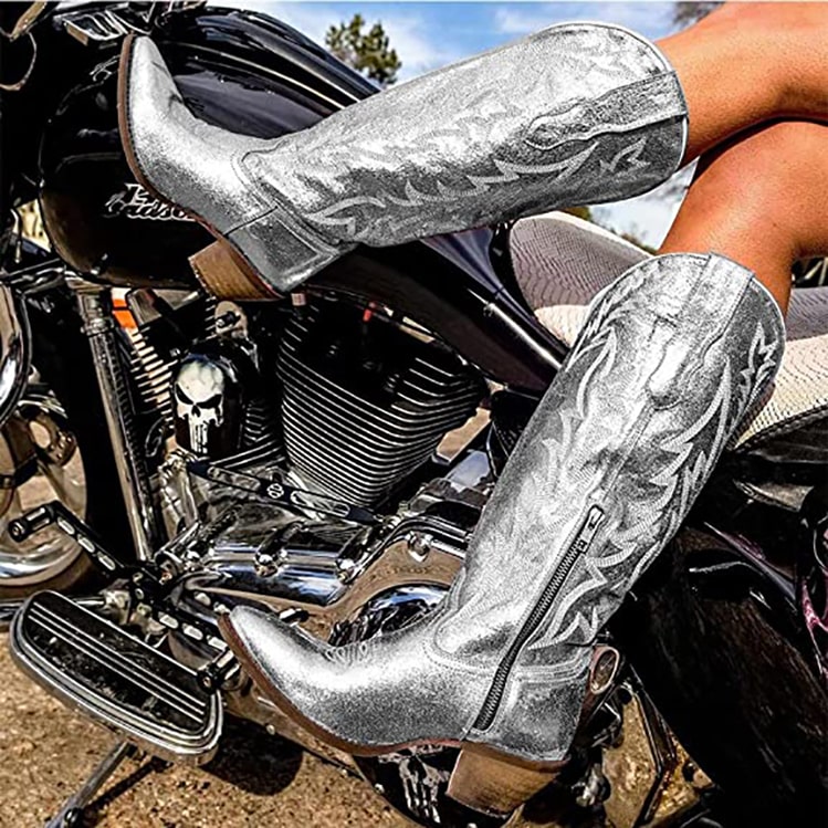 Shiny metallic cowgirl boots for women with stylish design and zip detail, perfect for a chic look