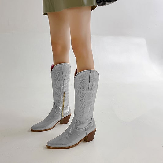 Stylish metallic cowgirl boots for women with embroidery and a chic, modern design