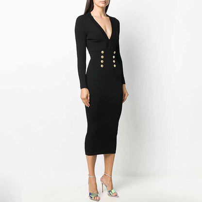 Black Knit Dresses Long Sleeve Zipper Back Midi Knitted Dress For Women