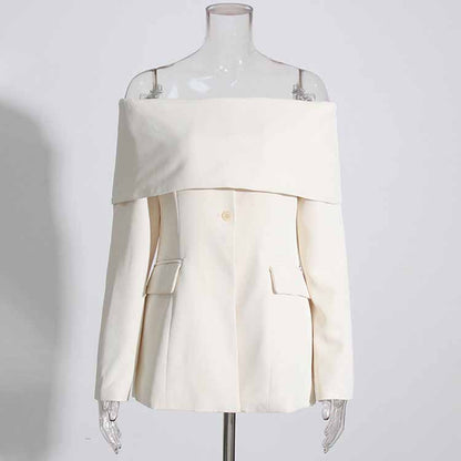 Women White Off-Shoulder Blazer Long Sleeves Coat