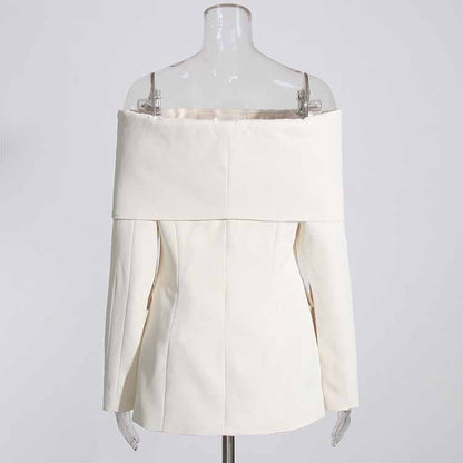 Women White Off-Shoulder Blazer Long Sleeves Coat