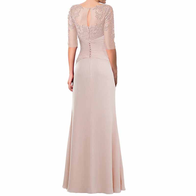 Elegant mother of the bride chiffon lace gown in soft beige with detailed back design and flowing skirt