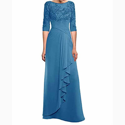 Elegant blue mother of the bride chiffon lace gown with three-quarter sleeves and ruffled design