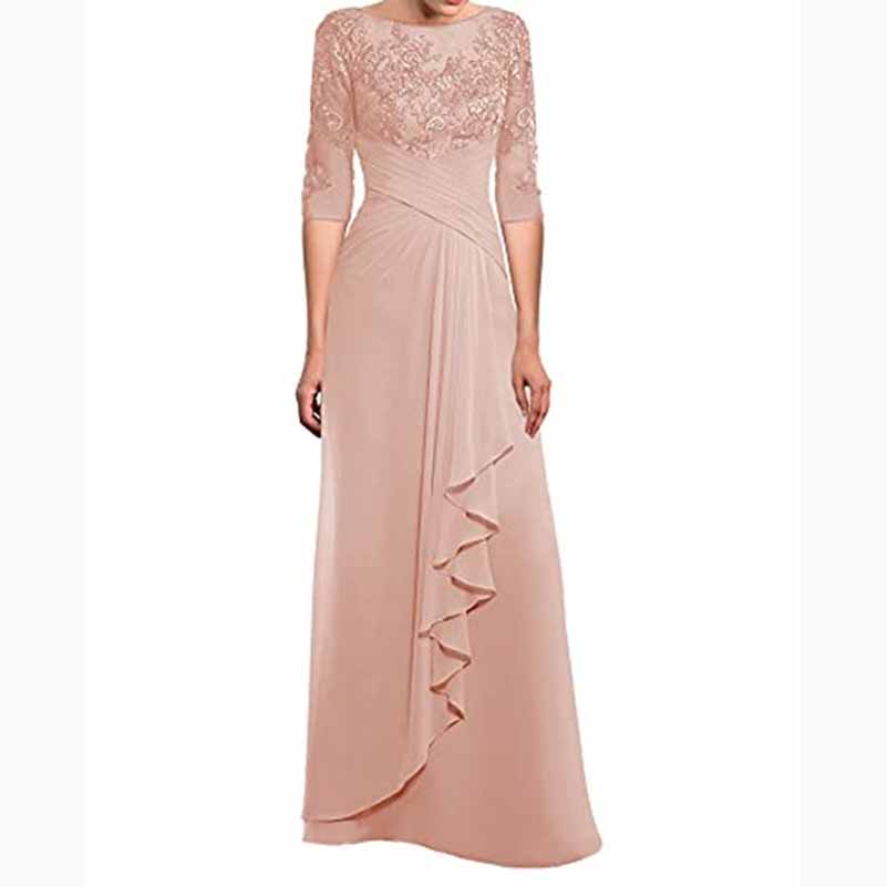 Elegant mother of the bride chiffon lace gown in blush pink featuring three-quarter sleeves and ruffled design