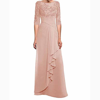 Elegant mother of the bride chiffon lace gown in blush pink featuring three-quarter sleeves and ruffled design