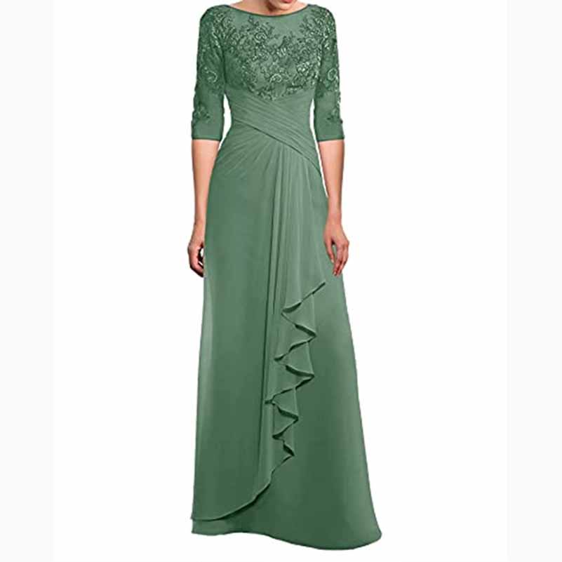 Elegant green mother of the bride chiffon lace gown with a flattering design and three-quarter sleeves