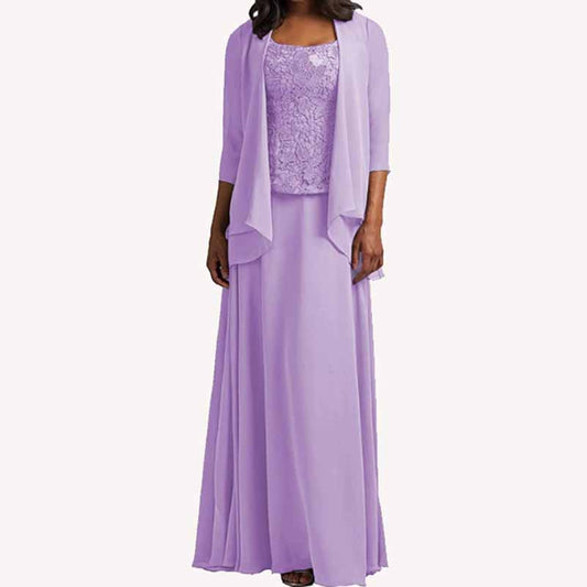 Elegant lavender mother of the bride dress chiffon three piece with lace detailing and flowing skirt