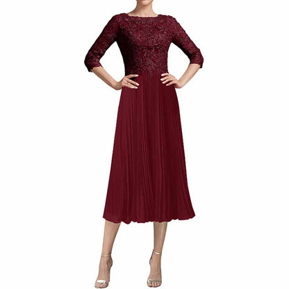 Elegant burgundy mother of the bride dress tea length with lace bodice and pleated skirt
