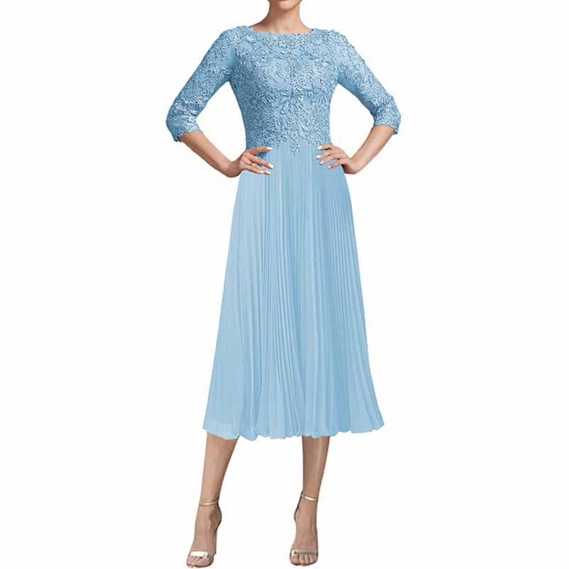 Elegant blue mother of the bride dress tea length with lace bodice and pleated skirt