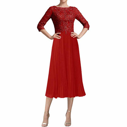 Elegant red mother of the bride dress tea length with lace top and pleated skirt, perfect for weddings