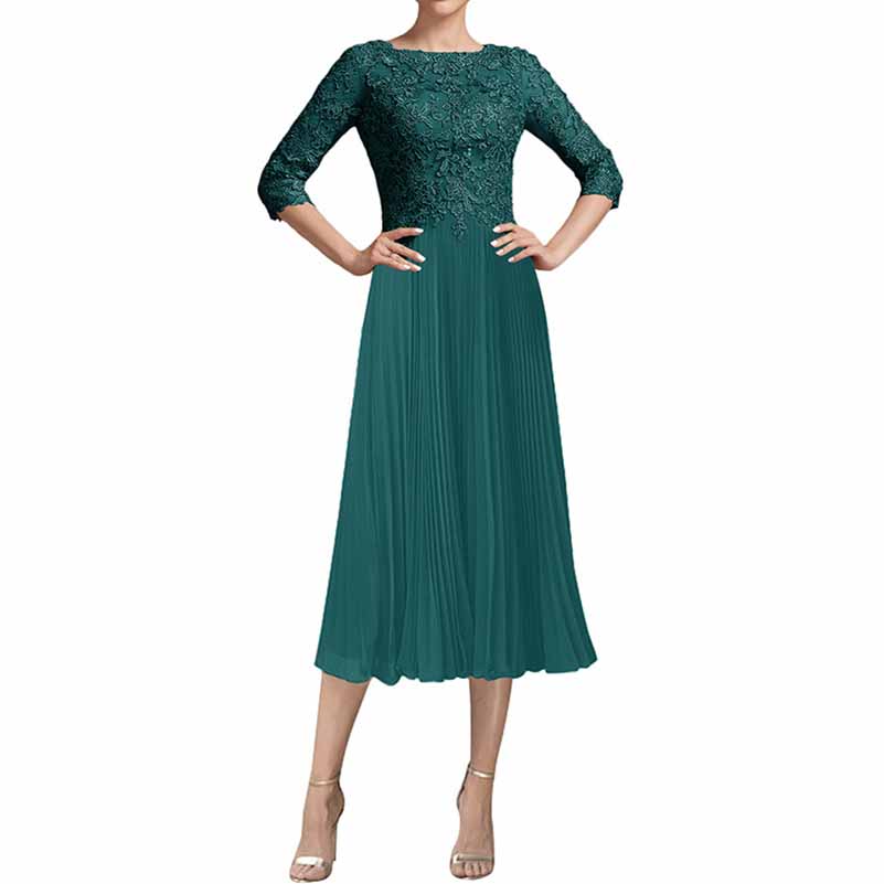 Elegant tea length mother of the bride dress in teal with lace bodice and pleated skirt