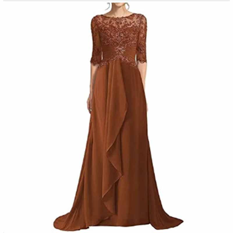 Elegant brown mother of the bride dresses with lace bodice and flowing skirt for sophisticated style
