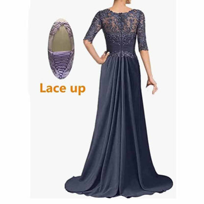 Elegant lace-up back navy blue mother of the bride dresses with detailed floral embroidery