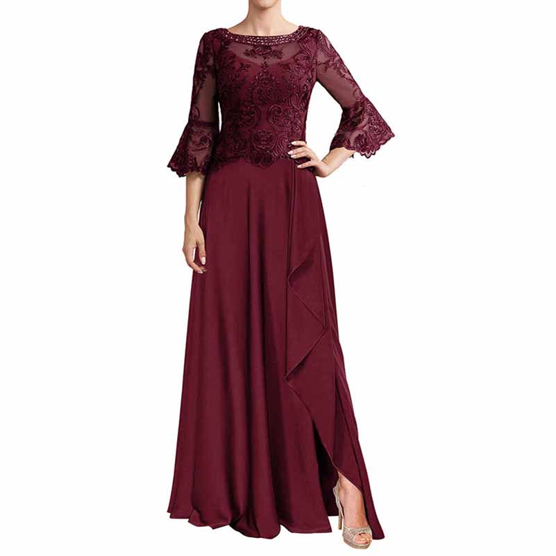 Elegant burgundy mother of the bride formal dress with lace sleeves and flowing skirt