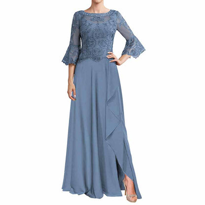 Elegant blue mother of the bride formal dress with lace sleeves and a flattering silhouette