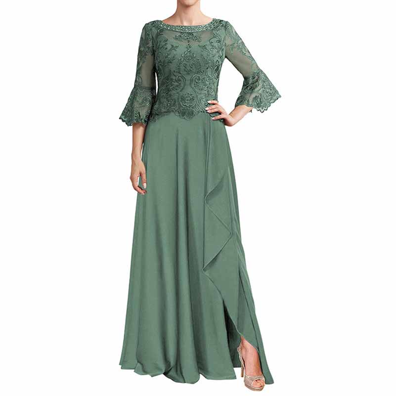 Elegant green mother of the bride formal dress with lace sleeves and a flowing silhouette
