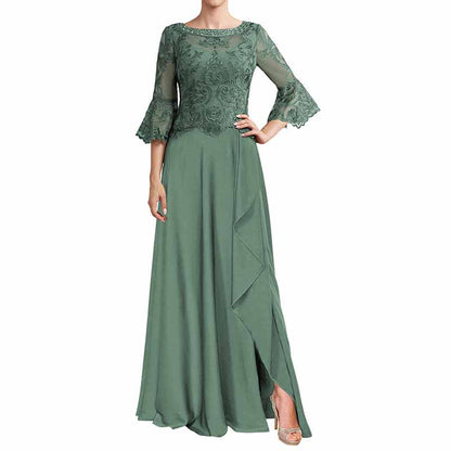 Elegant green mother of the bride formal dress with lace sleeves and a flowing silhouette