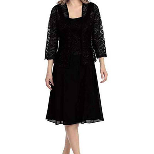 Elegant mother of the bride lace dress with jacket in black, perfect for formal occasions and weddings