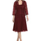 Elegant burgundy mother of the bride lace dress with jacket featuring three-quarter sleeves