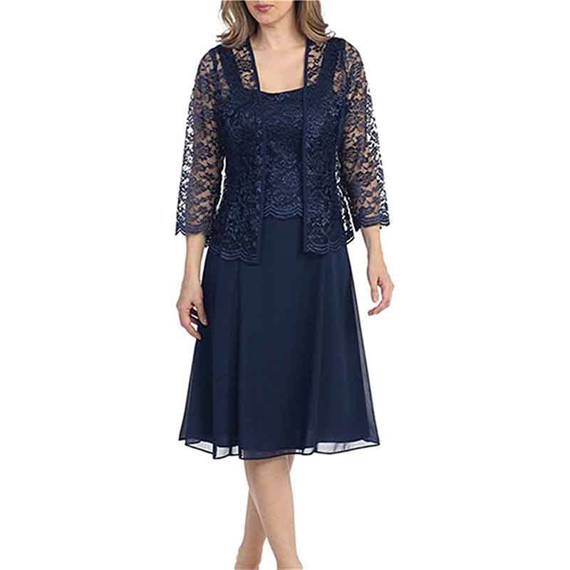 Elegant mother of the bride lace dress with jacket in navy, featuring a flowing skirt and three-quarter sleeves