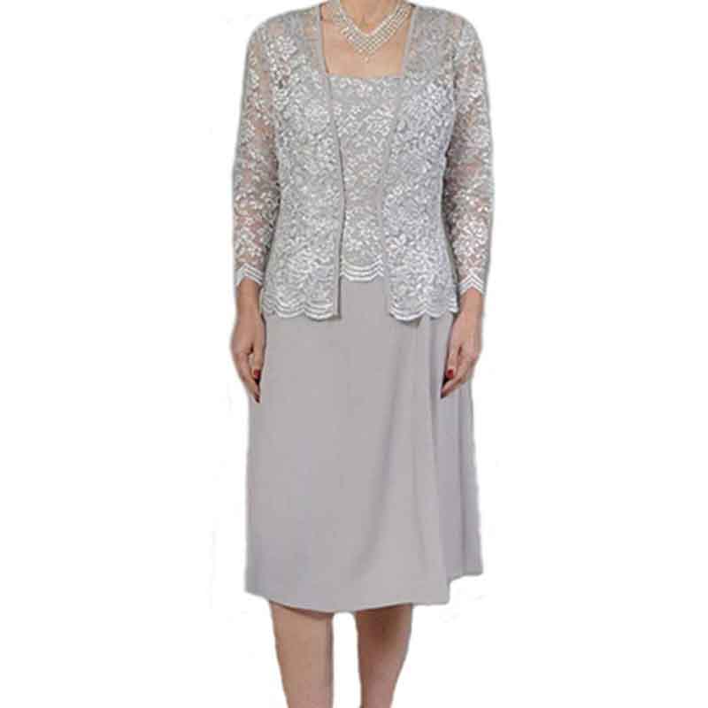 Elegant mother of the bride lace dress with jacket in gray, featuring a flattering silhouette and detailed design.