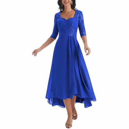 Elegant blue mother of the bride tea length dress with lace sleeves and pleated detailing