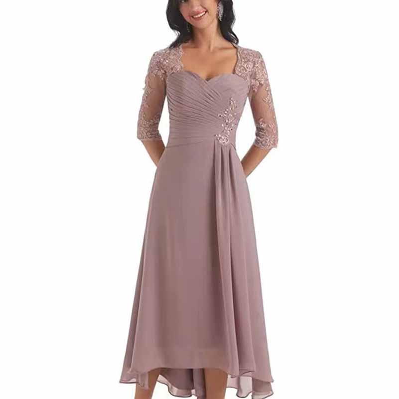 Elegant mother of the bride tea length dress in mauve with lace sleeves and ruched bodice