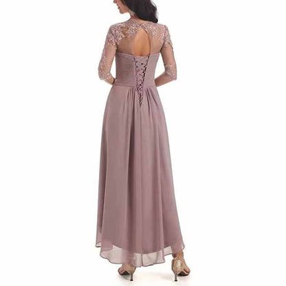 Elegant mother of the bride tea length dress in mauve with lace sleeves and a lace-up back design