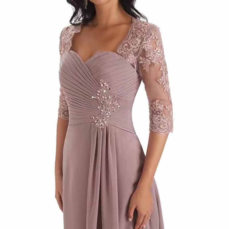 Elegant mother of the bride tea length dress with floral lace sleeves and pleated bodice