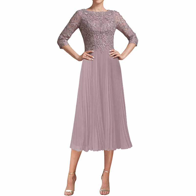 Lace Appliques Mother of The Bride Dress 3/4 Sleeves A line Tea Length Chiffon Formal Wedding Party Prom Gowns