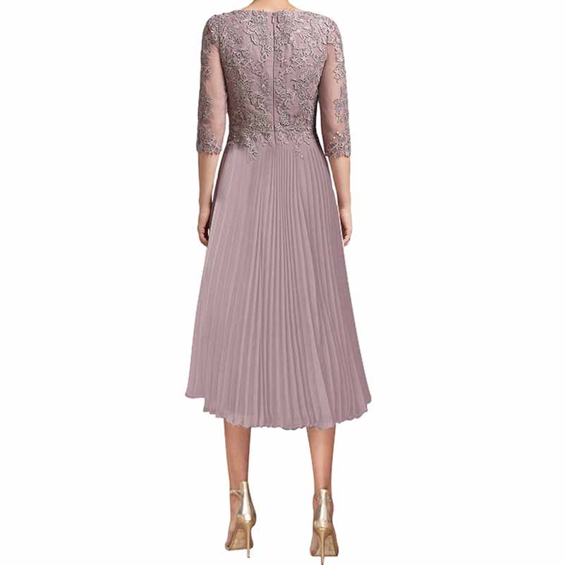 Lace Appliques Mother of The Bride Dress 3/4 Sleeves A line Tea Length Chiffon Formal Wedding Party Prom Gowns