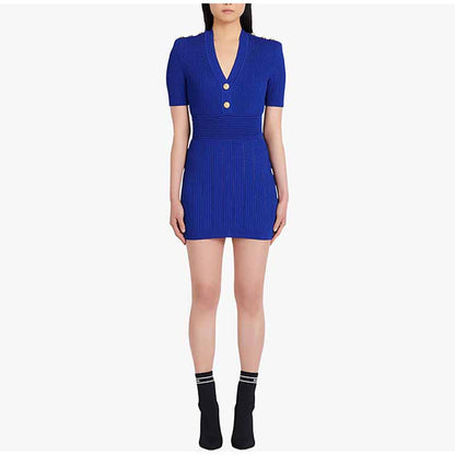 Chic Short Sleeves V Neck Rib-Knit Minidress Royal Blue Short Dress