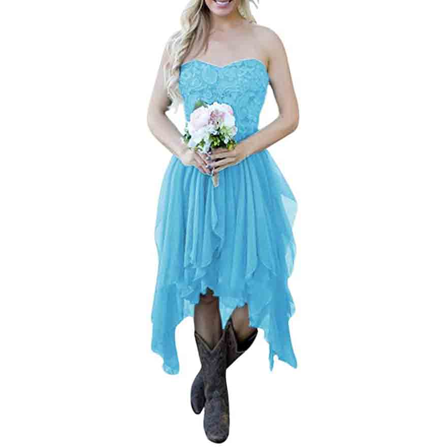 Country High Low Chiffon Lace Beach Wedding Guest Bridesmaid Dress