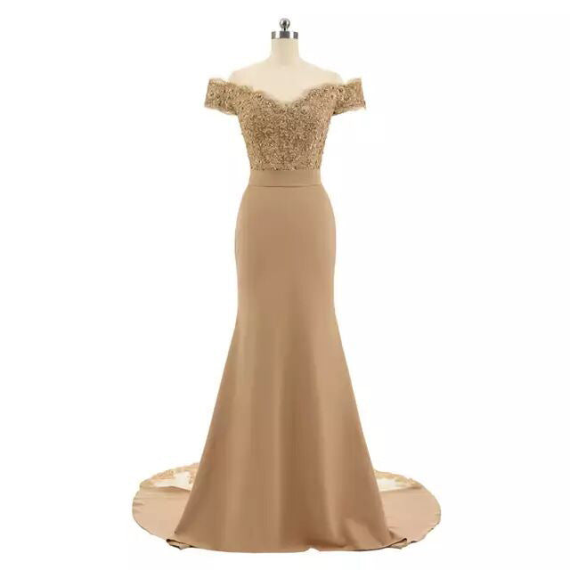 Elegant sd-hk off shoulder wedding dress for women with lace bodice and long satin skirt