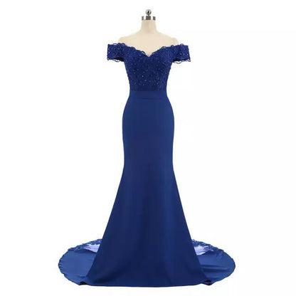 Elegant blue off shoulder wedding dress for women with lace bodice and long train by sd-hk